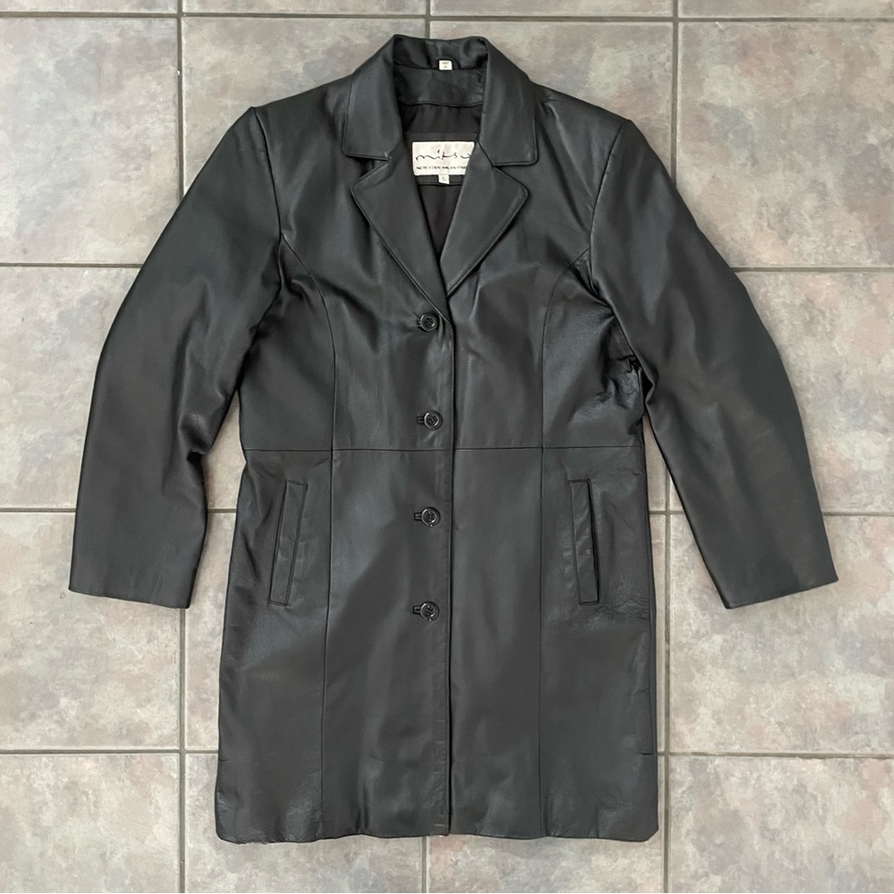 Vintage Mitsu women’s black leather medium length‎ jacket size Large